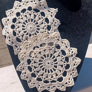 Vintage crochet lace round doilies, Identical set of 2,  4 inches across, from old tablecloth, perfect condition