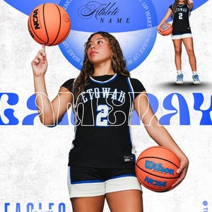 May include: A promotional image for a basketball game featuring a player in a black and white jersey with the word "ETOWAH" and the number 2. The image includes basketballs, the text "EAGLES", and the words "WAKE UP".