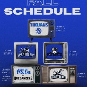 May include: A blue graphic featuring a fall schedule for Lady Eagles basketball. The schedule is displayed on vintage-style televisions, each showcasing team names like Trojans, Sprayberry, and Patriots, along with game times and court locations.