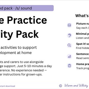 Könnte beinhalten: Ein druckbares Home Practice Activity Pack zur Entwicklung des /s/-Lautes. Enthält Bildbenennungskarten, Minimalpaare-Aktivität, Spot-it-Szenen, Satzstreifenübungen und ein Home Practice Log. Für Eltern und Betreuer.