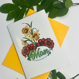 Cartão de Dia das Mães com Narciso – Cartão Floral para a Mãe – Cartão de Saudações com Gerânio Natural – Cartão Botânico de Primavera para a Mãe – Cartões fofos para as mães