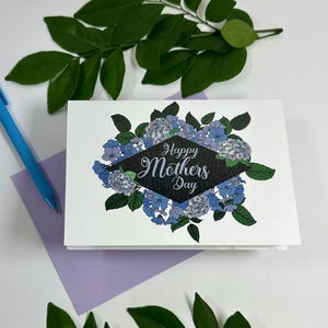 Cartão de Dia das Mães feito à mão com design floral de hortênsia – Cartão de felicitações botânico – Em branco por dentro – Presente elegante de Dia das Mães da minha filha