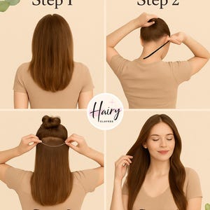 May include: A four-step guide to applying hair extensions. The steps are numbered and show a person's hair being styled. The brand logo "Hairy Clavres" is in the center of the image. The background is a light beige color.