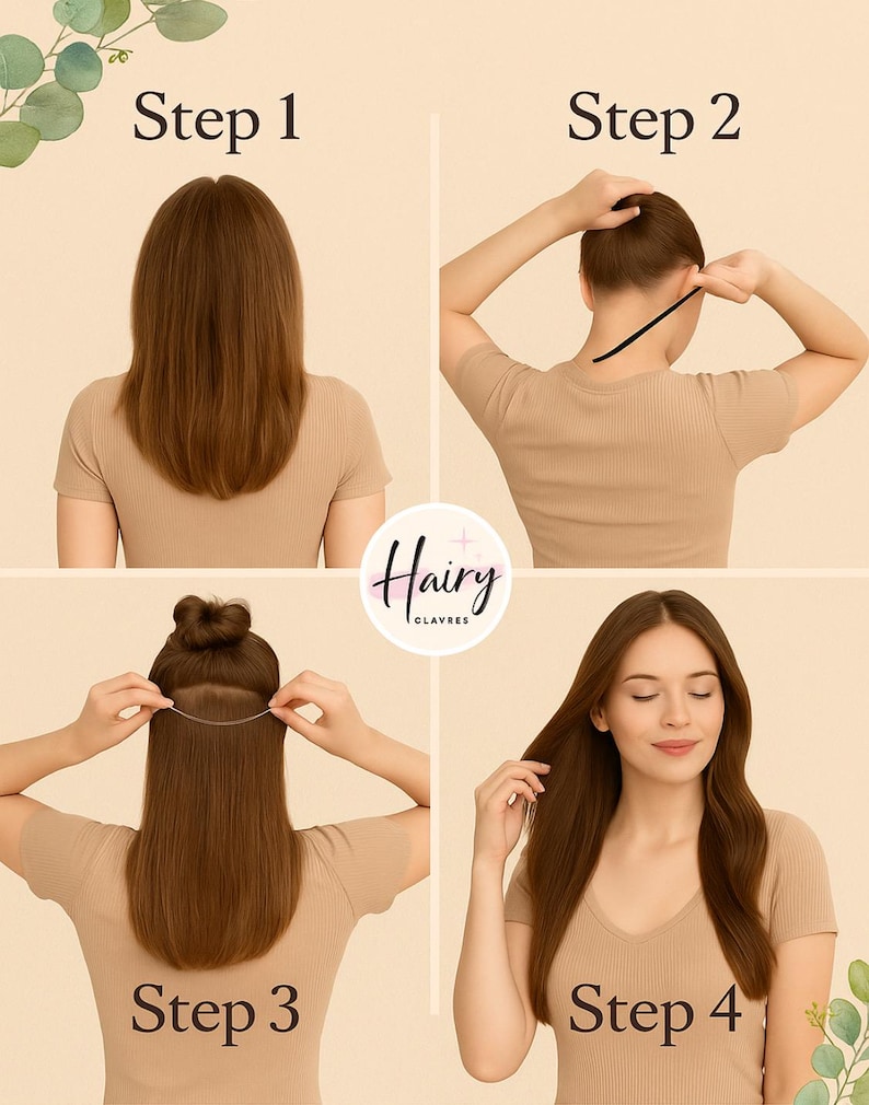 May include: A four-step guide to applying hair extensions. The steps are numbered and show a person's hair being styled. The brand logo "Hairy Clavres" is in the center of the image. The background is a light beige color.