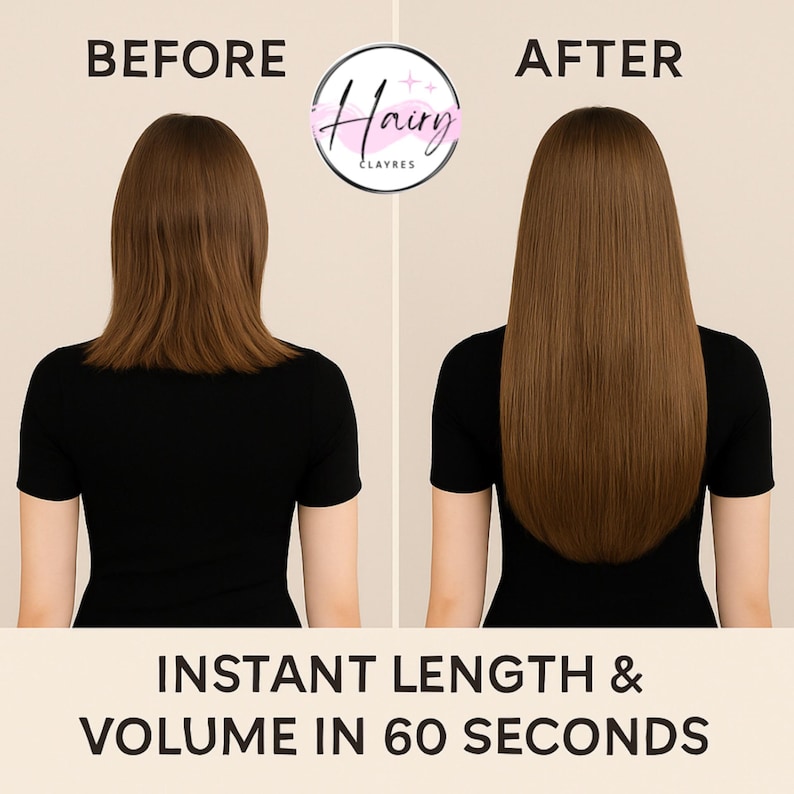 May include: A before-and-after image shows a person with short brown hair on the left and long, straight brown hair on the right. The text reads "BEFORE" and "AFTER". The image also includes the text "INSTANT LENGTH & VOLUME IN 60 SECONDS".