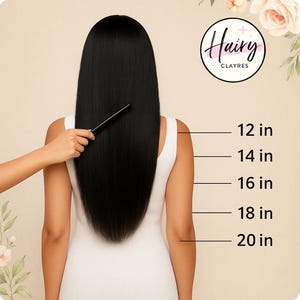 May include: Black hair extensions, measured from 12 to 20 inches, are shown against a light background. A hand holds a comb, demonstrating the hair's length. The logo for "Hairy Clayres" is in the upper right corner.