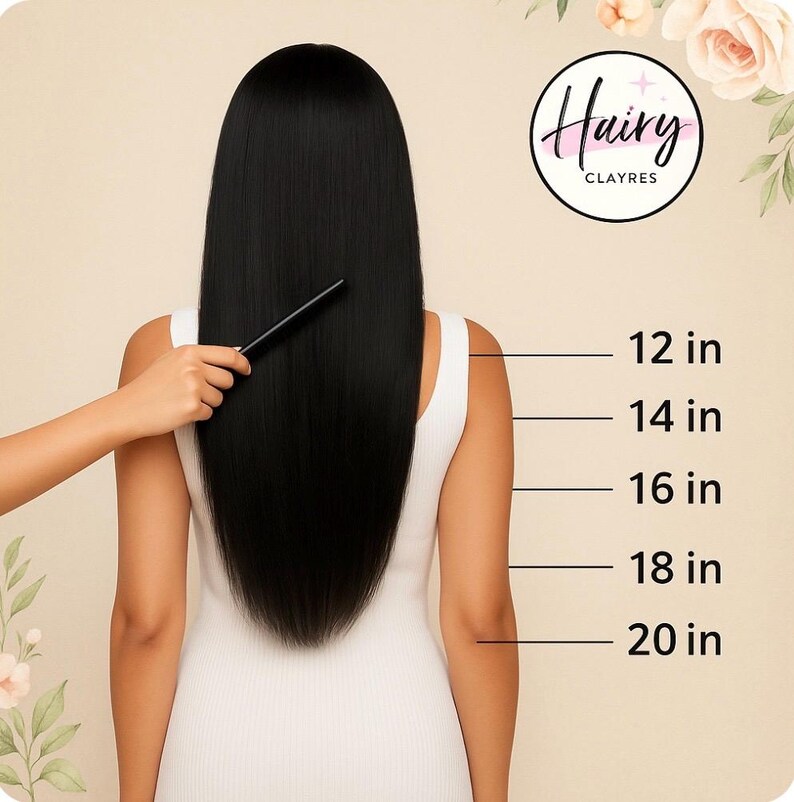 May include: Black hair extensions, measured from 12 to 20 inches, are shown against a light background. A hand holds a comb, demonstrating the hair's length. The logo for "Hairy Clayres" is in the upper right corner.