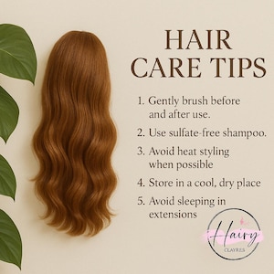 May include: A reddish-brown hair extension with wavy texture is displayed on a beige background. The image includes text that reads "HAIR CARE TIPS" and provides five tips for hair care, including brushing and avoiding heat styling.