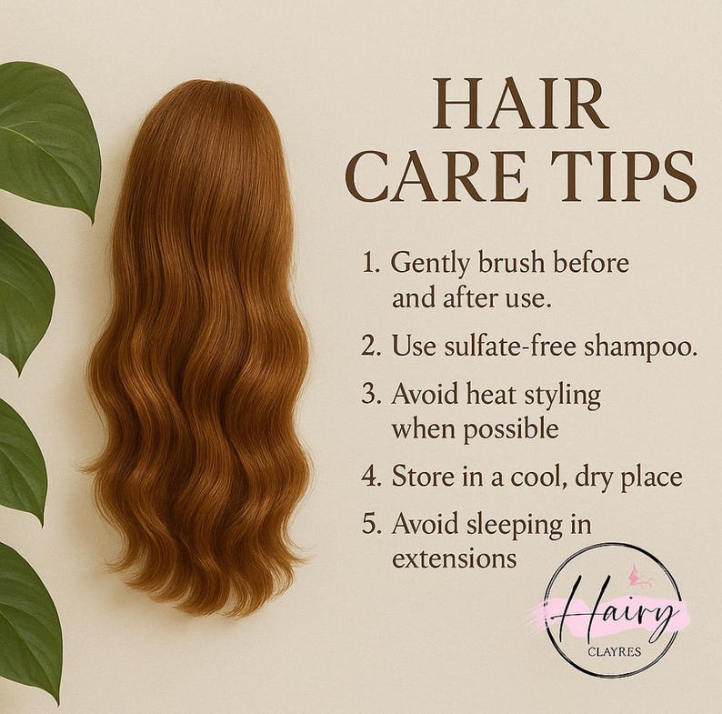 May include: A reddish-brown hair extension with wavy texture is displayed on a beige background. The image includes text that reads "HAIR CARE TIPS" and provides five tips for hair care, including brushing and avoiding heat styling.