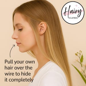 May include: A woman with long blonde hair demonstrates a hair accessory. The image includes the text "Pull your own hair over the wire to hide it completely." A circular logo with the text "Hairy Clayres" is in the upper right corner.