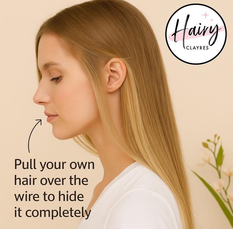 May include: A woman with long blonde hair demonstrates a hair accessory. The image includes the text "Pull your own hair over the wire to hide it completely." A circular logo with the text "Hairy Clayres" is in the upper right corner.