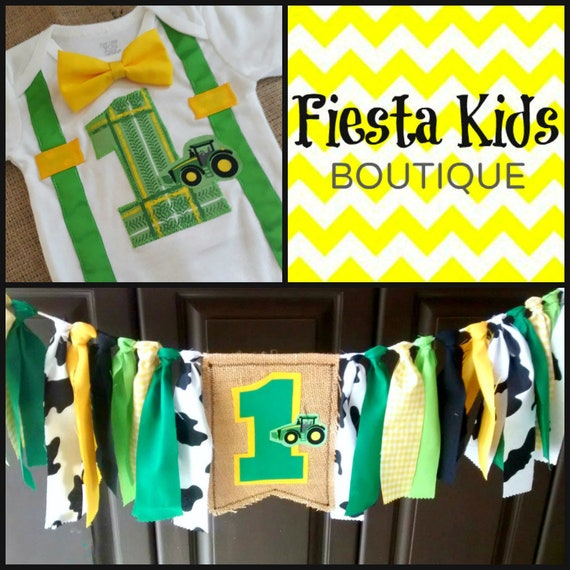 Green tractor birthday boy - first birthday onesie and banner set Il_570xn