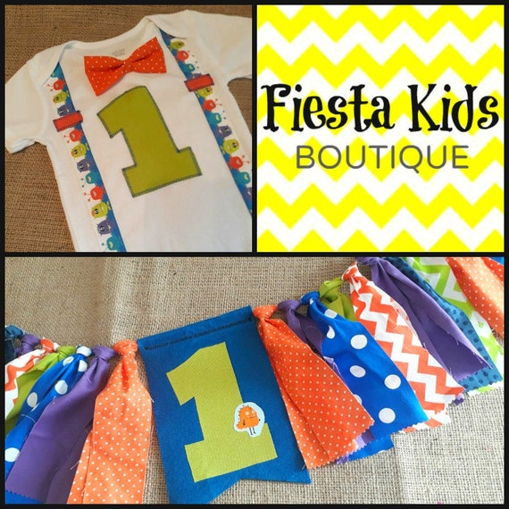 Monster birthday boy bodysuit and banner cake smash backdrop Il_570xn
