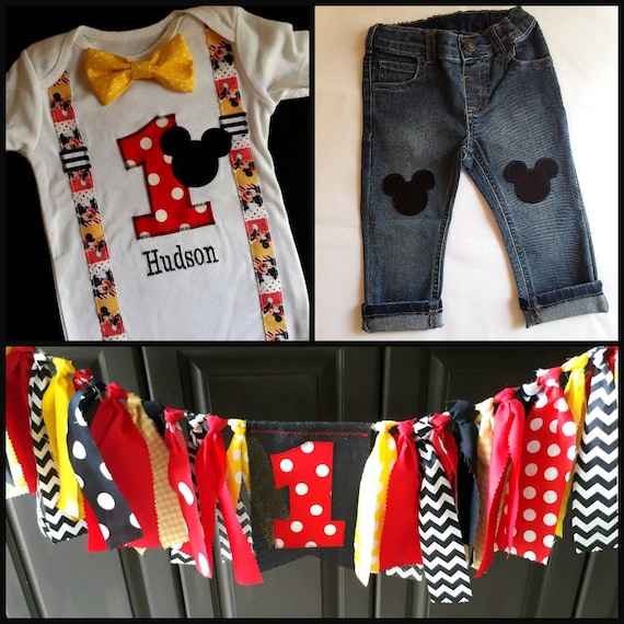 Mickey Mouse boy 1st birthday outfit cake smash banner and jeans Il_570xn