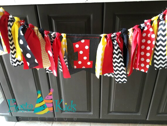 Mickey Mouse birthday, highchair banner, first birthday banner boy, photo backdrop, bunting flag, cake smash props Il_570xn