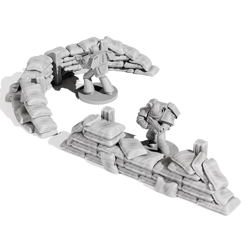 May include: A miniature gray battlefield scene featuring two armored figures and sandbag fortifications. The sandbags are arranged in curved and straight lines, creating defensive positions. The figures are standing on circular bases.