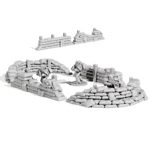 May include: Miniature gray sandbag barricades and soldiers. The scene includes multiple sections of sandbag walls, some with wooden posts, and several small soldier figures in combat poses. Ideal for tabletop gaming.