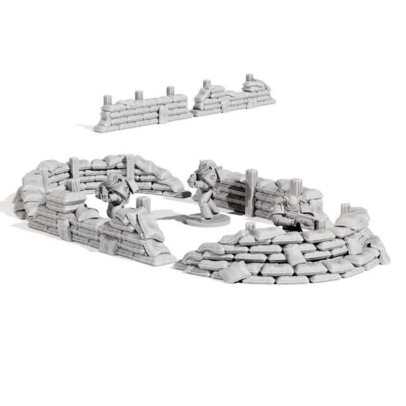 May include: Miniature gray sandbag barricades and soldiers. The scene includes multiple sections of sandbag walls, some with wooden posts, and several small soldier figures in combat poses. Ideal for tabletop gaming.