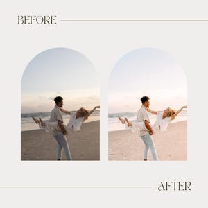 Pode incluir: Imagem de antes e depois de um casal na praia. A imagem "antes" tem uma paleta de cores suaves, enquanto a imagem "depois" tem cores mais brilhantes. O casal est&aacute; se abra&ccedil;ando, com o homem segurando a mulher.