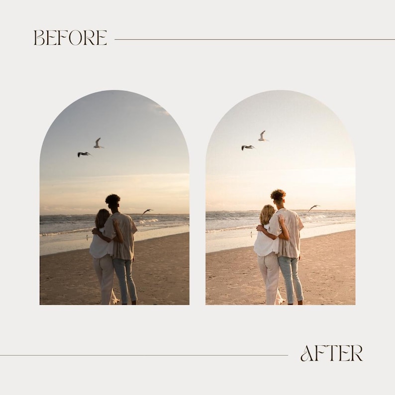 Pode incluir: Uma compara&ccedil;&atilde;o de imagens de antes e depois. A imagem "antes" mostra um casal abra&ccedil;ado numa praia ao p&ocirc;r do sol. A imagem "depois" mostra a mesma cena com cores e brilho aprimorados. Os textos "BEFORE" e "AFTER" est&atilde;o na parte superior e inferior.