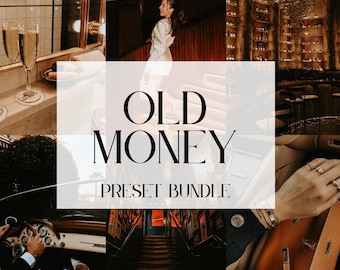 May include: A collage of images with a luxurious theme. The central image features the text "OLD MONEY PRESET BUNDLE" in a bold, elegant font. Surrounding images include champagne flutes, a person walking, a car interior, and a handbag.