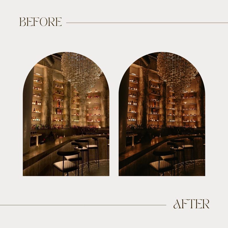 Puede incluir: Imagen del antes y el despu&eacute;s de un interior de bar. El bar cuenta con una larga barra de madera oscura con taburetes, estanter&iacute;as llenas de botellas y una l&aacute;mpara de ara&ntilde;a decorativa. Los textos "BEFORE" y "AFTER" est&aacute;n arriba y abajo.