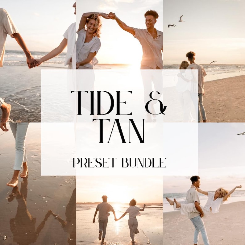 Pode incluir: Uma colagem de cenas de praia com casais, com o texto "TIDE & TAN PRESET BUNDLE". As imagens t&ecirc;m uma paleta de cores quentes e douradas, sugerindo um dia ensolarado na praia. As pessoas est&atilde;o de m&atilde;os dadas e apreciando o p&ocirc;r do sol.