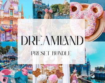 May include: A vibrant collage of images from a theme park, including a castle, rides, and food. The text "DREAMLAND PRESET BUNDLE" is displayed across the images. The overall aesthetic is bright and colourful.