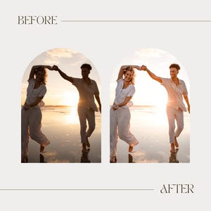 Pode incluir: Imagem de antes e depois de duas pessoas dan&ccedil;ando em uma praia ao p&ocirc;r do sol. A imagem "antes" est&aacute; &agrave; esquerda e a imagem "depois" &agrave; direita. Os textos "BEFORE" e "AFTER" est&atilde;o acima e abaixo das imagens.