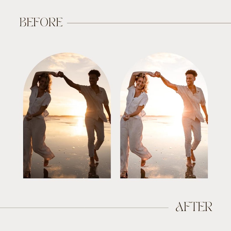 Pode incluir: Imagem de antes e depois de duas pessoas dan&ccedil;ando em uma praia ao p&ocirc;r do sol. A imagem "antes" est&aacute; &agrave; esquerda e a imagem "depois" &agrave; direita. Os textos "BEFORE" e "AFTER" est&atilde;o acima e abaixo das imagens.