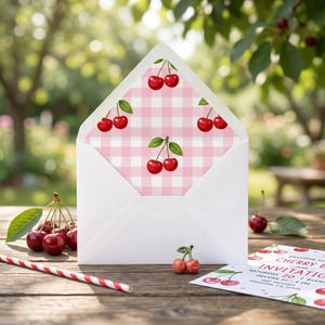 Könnte beinhalten: Ein weißer Umschlag mit einem rosa-weiß karierten Innenfutter und einem roten Kirschmuster. Der Umschlag wird von einem kleinen kirschförmigen Anhänger, frischen roten Kirschen, einem rot-weiß gestreiften Strohhalm und einer Einladung begleitet.