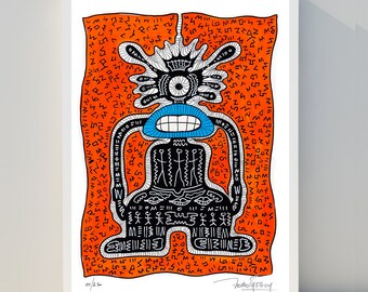 Art brut d'art urbain - Affiche d'art en édition limitée - The Big Fat Boy - King sun with blue mouth signé