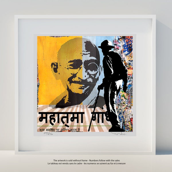 Street art Limited edition art print Tehos artwork Meeting Gandhi - V01 29 x 42 cm A3 signé