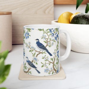 Floral Blue Bird Ceramic Mug: Nature Lover Coffee Cup