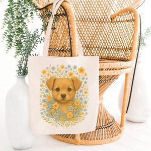 Dog Floral Cotton Canvas Tote Bag - Eco-Friendly Reusable Shopping Bag