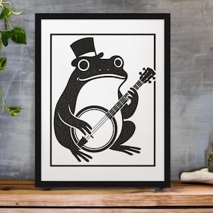 Impressão artística de banjo com sapo vertical, decoração divertida e fosca para casa, presente para amantes da música, arte de parede em estilo vintage, pôster de animal peculiar, decoração de parede, sala