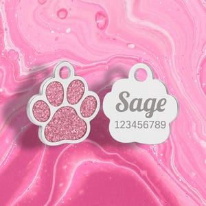 Engraved Glitter Paw Print Pet ID Tag: Personalized Stainless Steel