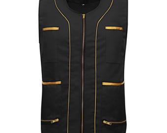 Professional Barber Vest Black Cotton with Gold Piping