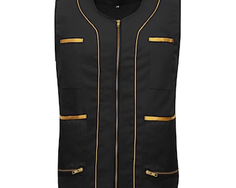 Professional Barber Vest Black Cotton with Gold Piping, Barber work premium vest