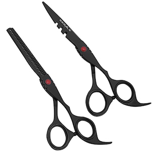 May include: A pair of matte black hair thinning and texturizing shears with red tension adjustment screws. One pair features a serrated blade edge, while the other displays the brand name REGALE printed in white on the upper blade section.