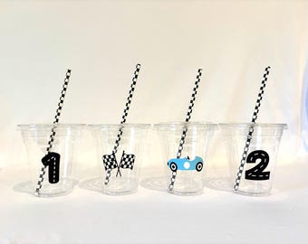 Racecar Party Cups, Two Fast Birthday Cups, Checkered Flag Cups, Racecar Birthday Cups, Classic Racecar Cups, First Lap, 12oz plastic cup