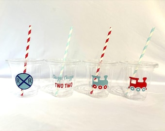 Taza Chugga Chugga Two Two, cumpleaños con temática de tren, segundo cumpleaños con tren, decoración para fiesta Chugga Chugga Two Two, taza All Aboard, vaso de plástico de 12 oz