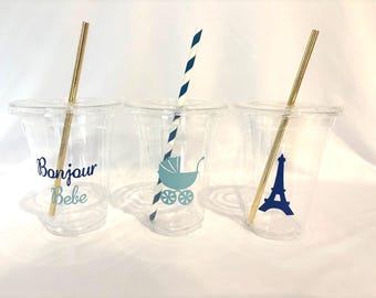 Bonjour Bebe Cups, Bonjour Bebe Baby Shower, French Baby Shower, Paris themed Baby Shower, French themed Sprinkle, Eiffel Tower Party Cups
