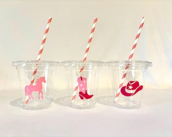 Vasos de poni rosa, vasos de cumpleaños de vaquera, vasos del club de poni rosa, vaso para fiesta temática del oeste, vasos con temática de vaquera, vaso rosa del oeste, vasos de plástico de 355 ml