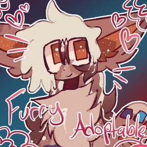 Puede incluir: Una ilustración digital de una criatura esponjosa de color marrón claro con grandes ojos cuadrados de color naranja y cabello blanco. El personaje tiene orejas puntiagudas y está rodeado de corazones y espirales rosas dibujados a mano. El texto Furry Adoptable está escrito en rosa.