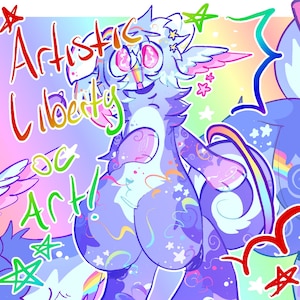 Puede incluir: Una ilustración digital de una criatura morada con grandes ojos rosas, alas y una cola esponjosa sobre un fondo de arcoíris. El texto Artistic Liberty OC Art! está escrito en letras coloridas dibujadas a mano junto a varias estrellas.