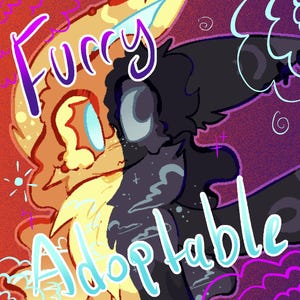 Op de afbeelding: Een digitale illustratie met twee gestileerde wezens die tegenover elkaar staan, één in warme oranje en gele tinten en de andere in donkerpaars en zwart. De tekst "Furry" staat linksboven en "Adoptable" in het midden onderaan.