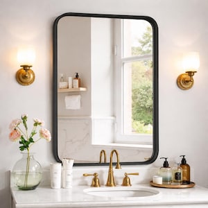 Black Metal Framed Vanity Mirror, Rounded Rectangle, Modern Farmhouse (30x22)