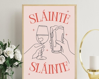 Sláinte Guinness Pint konsttryck öl feminint stout vinglas rosa - Digital nedladdning, modern bardekor, söt väggkonst, irländsk Irlandkonst