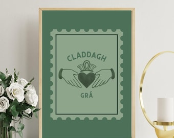 Irländsk Claddagh "Grá" digitaltryck Claddagh-ring kärlekssymbol väggkonst keltisk Irland heminredning utskrivbar irländsk affisch, irländska talesätt citat